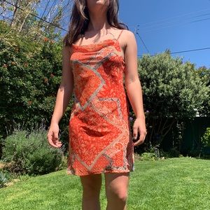 Cowl neck, orange shift dress